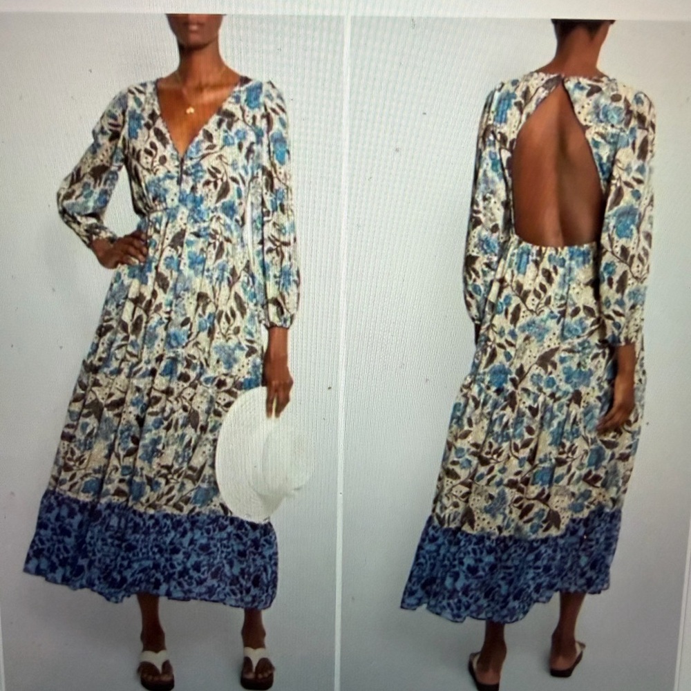 MISA Los Angeles Anahita Small Blue Floral V-Neck Tiered Maxi Dress Long Sleeve